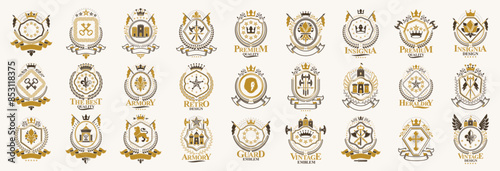 Classic style emblems big set, ancient heraldic symbols awards and labels collection, classical heraldry design elements, family or business emblems.