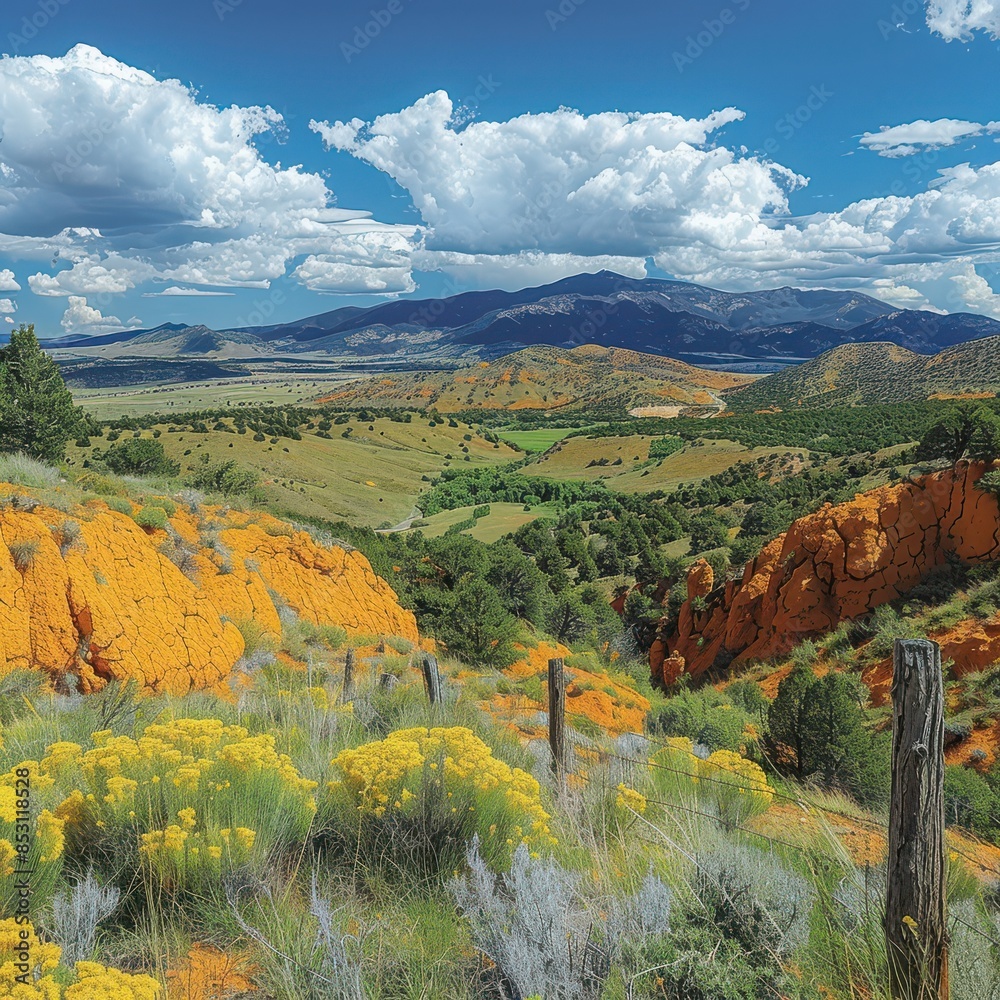 Obraz premium Stunning Vista of Rocky Terrain and Verdant Valleys with Blue Sky and Dramatic Clouds Captured in High Altitude Wilderness Area