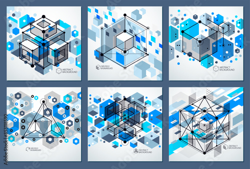 Abstract geometric vector blue backgrounds set with cubes and other elements. Composition of cubes, hexagons, squares, rectangles and abstract elements. Perfect background for your design projects.
