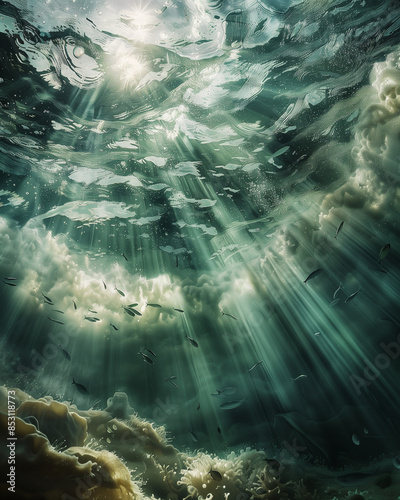 sunlight filtering through water creating a mystical underwater scene with fish and coral