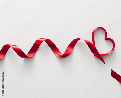 A long red ribbon in the shape of a heart on a white background