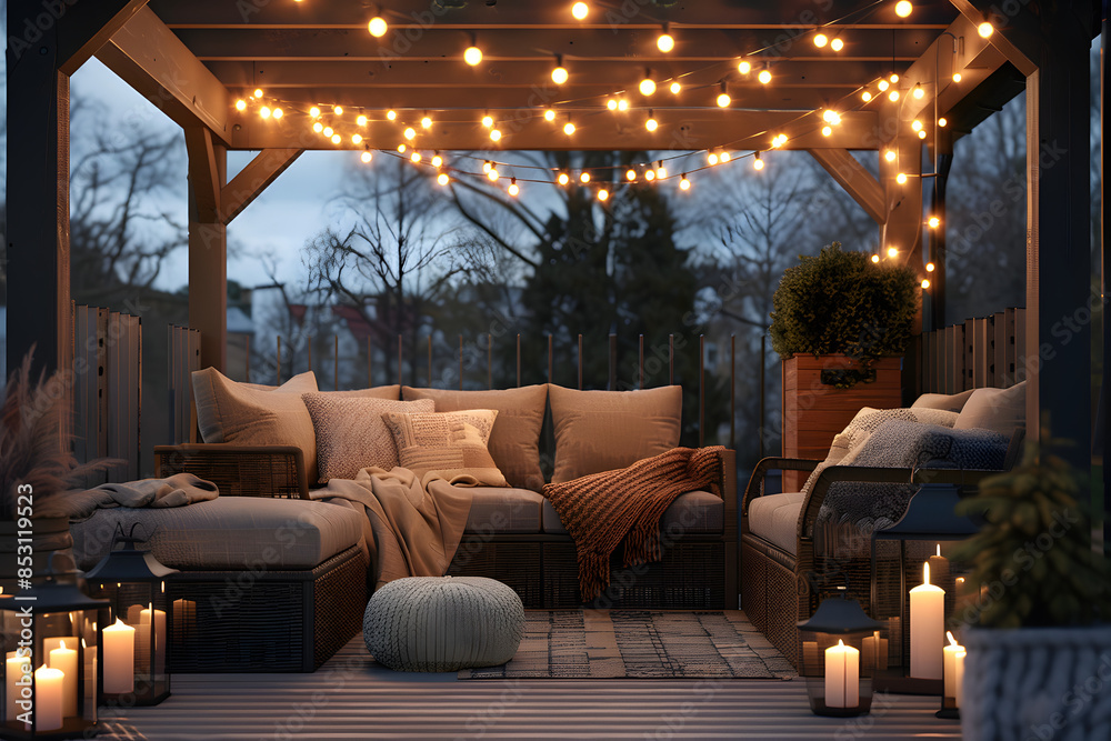 Fototapeta premium Scenic set up with cozy outdoor seating, cushions, warm covers, and flickering lights on the terrace.&nbsp;