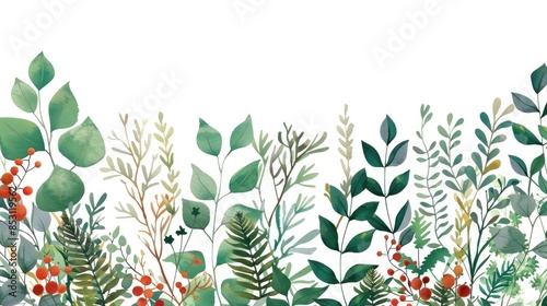 Floral greeting card with greenery and forest elements on white background