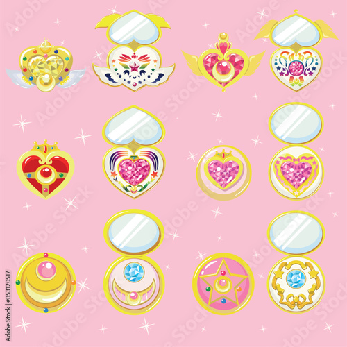 set de ilustración vectorial de lindos broches y espejos de maquillaje compacto