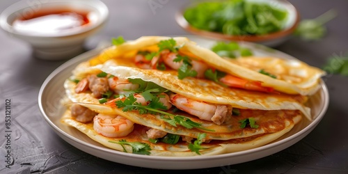 Vietnamese banh xeo pancakes with shrimp pork fresh herbs and nuoc cham. Concept Vietnamese Cuisine, Banh Xeo Pancakes, Shrimp and Pork, Fresh Herbs, Nuoc Cham