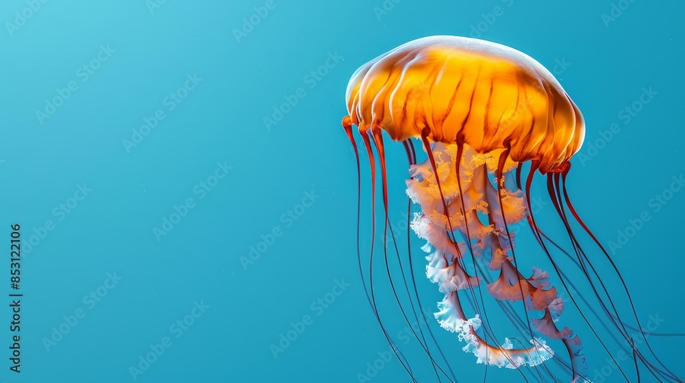 A close-up of a jellyfish floating in the water with its head against a blue sky, and long tentacles reaching down A close-up of a jellyfish floating in the water with its head against a blue sky, and long tentacles reaching down