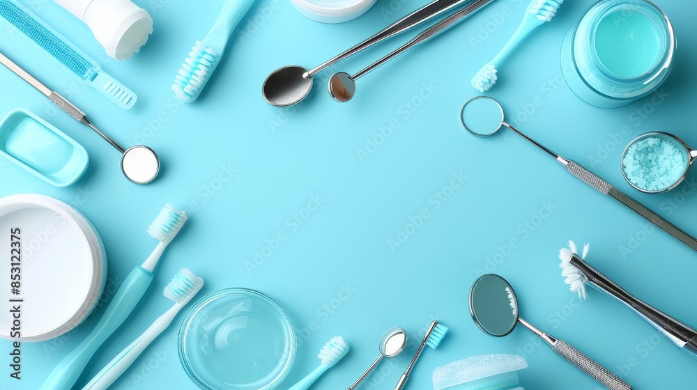 A circular arrangement of toothbrushes, toothpaste, and toothpaste containers against a blue backdrop All elements rest on a smooth blue surface A circular arrangement of toothbrushes, toothpaste, and toothpaste containers against a blue backdrop All elements rest on a smooth blue surface