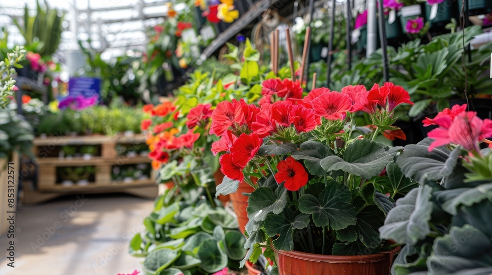 Pelargonium red flowers available for purchase at a garden store during the spring period Pelargonium red flowers available for purchase at a garden store during the spring period