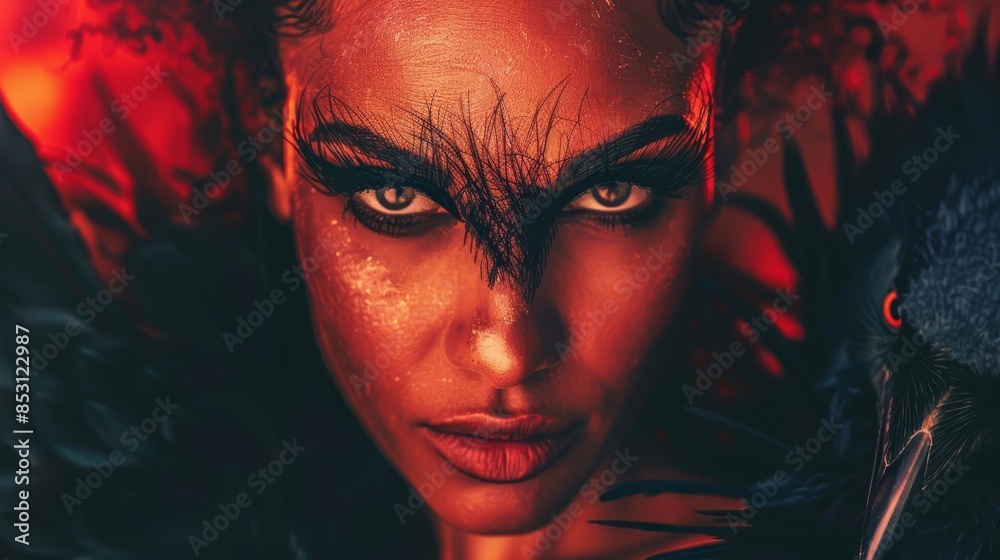 A close-up of a woman with a bird perched on her shoulder, either a red and black bird or a black bird A close-up of a woman with a bird perched on her shoulder, either a red and black bird or a black bird