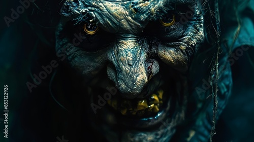  A tight shot of a creature's face with intense yellow eyes and a menacing, creased grin