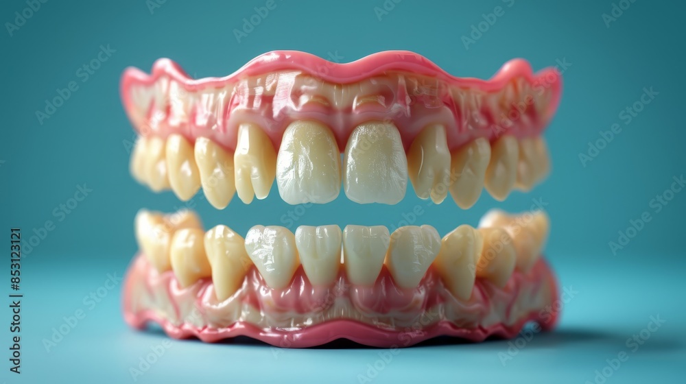 A close-up of an upper tooth model with pastel shading on its upper part, and lower teeth model with pastel shading on their lower parts A close-up of an upper tooth model with pastel shading on its upper part, and lower teeth model with pastel shading on their lower parts