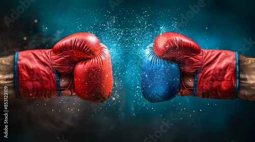 A tight shot of red-and-blue boxing gloves against a black backdrop Water spatters inside, reflecting dimly Outside, droplets bead and roll off