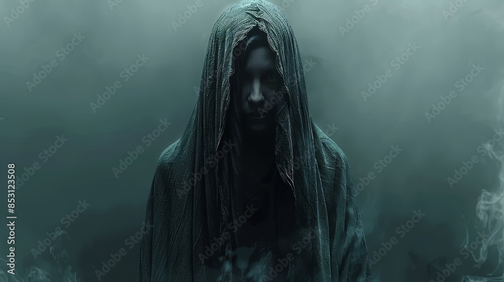 A man, hooded, stands in a foggy background Hands in pockets, face obscured by the hood A man, hooded, stands in a foggy background Hands in pockets, face obscured by the hood