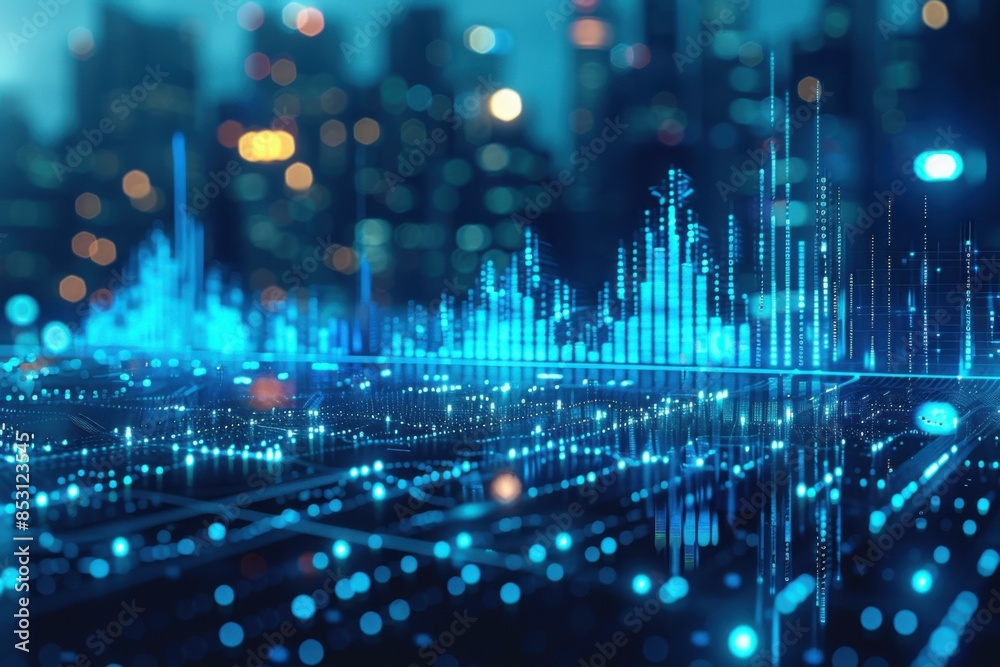 Displaying a stock market chart. Digital growth charts in blue tones. Abstract business trends Displaying a stock market chart. Digital growth charts in blue tones. Abstract business trends