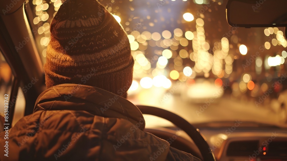 Person driving a car on a city street at night Street lights illuminate ...