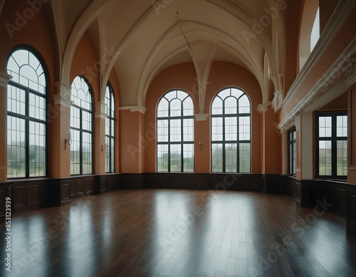 A bright and spacious hall with large arched windows, high ceilings, and an elegant design, creating an open and inviting atmosphere. © disamirr