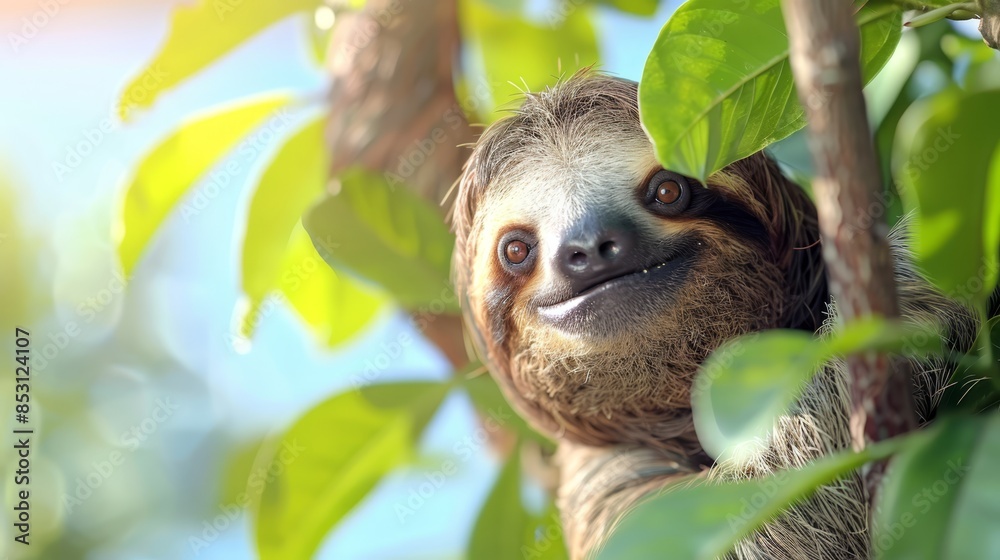 A three-toed sloth hangs from a tree branch, eyes wide open and smiling, amidst a backdrop of vibrant green leaves and a serene blue sky A three-toed sloth hangs from a tree branch, eyes wide open and smiling, amidst a backdrop of vibrant green leaves and a serene blue sky