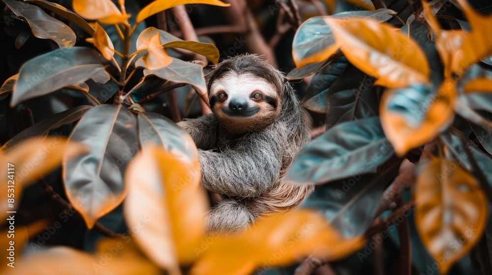 A brown-and-white sloth hangs from a tree branch, surrounded by leaves in the foreground The background softly blends with green and yellow foliage A brown-and-white sloth hangs from a tree branch, surrounded by leaves in the foreground The background softly blends with green and yellow foliage