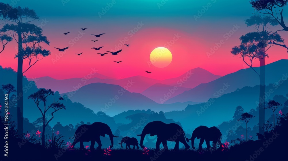 A herd of elephants traverses a verdant forest, beneath a pink and blue sky as the sun sets, distant mountains framing the scene Avian silhouettes glide A herd of elephants traverses a verdant forest, beneath a pink and blue sky as the sun sets, distant mountains framing the scene Avian silhouettes glide
