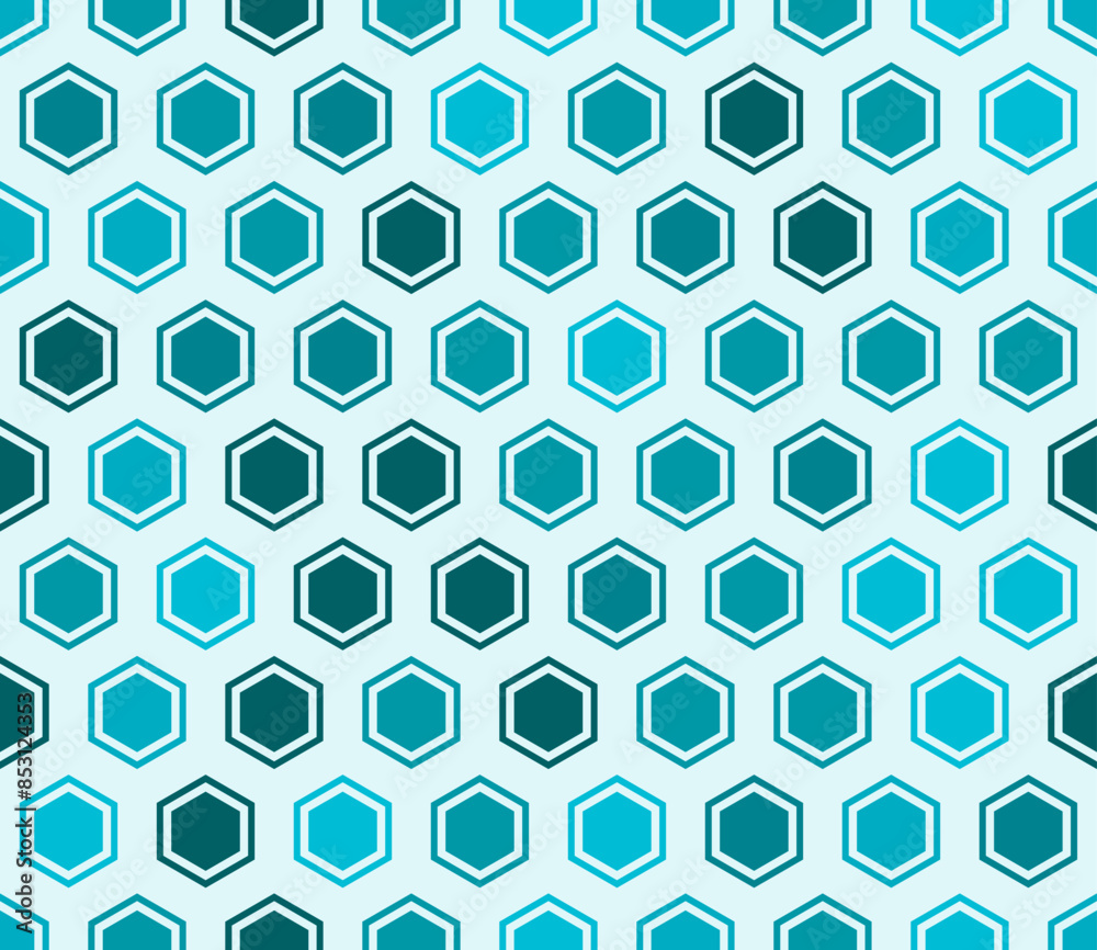 Vector science background. Hexagon bold mosaic cell with padding and inner solid cells. Cyan color tones. Hexagonal cells. Seamless pattern. Tileable vector illustration. Vector science background. Hexagon bold mosaic cell with padding and inner solid cells. Cyan color tones. Hexagonal cells. Seamless pattern. Tileable vector illustration.