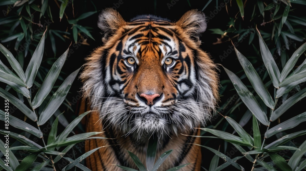 A tight shot of a tiger's face, situated in front of a tree adorned with foreground foliage The opposite side frames a solid black backdrop A tight shot of a tiger's face, situated in front of a tree adorned with foreground foliage The opposite side frames a solid black backdrop