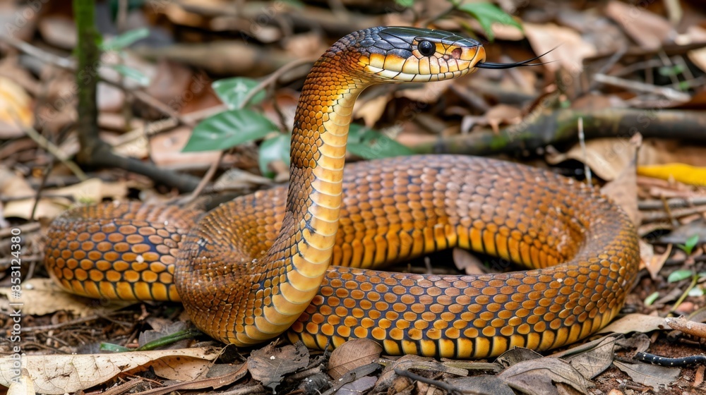 A close-up of a brown snake lies on the ground surrounded by leaves Nearby, a yellow and black snake displays a distinctive black stripe on its head A close-up of a brown snake lies on the ground surrounded by leaves Nearby, a yellow and black snake displays a distinctive black stripe on its head