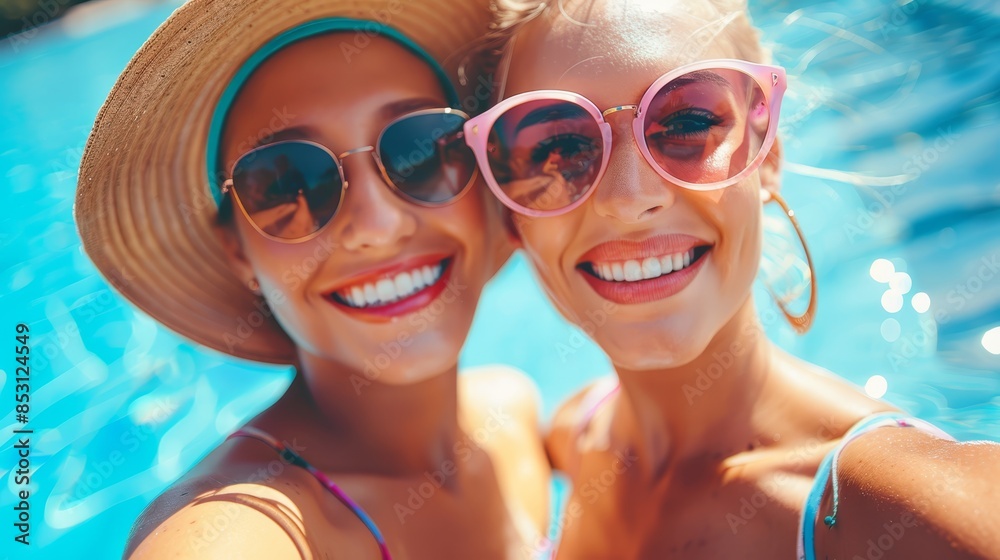 Two women, clad in pink sunglasses and a straw hat, stand beside a blue swimming pool The pool's water mirrors its own hue Two women, clad in pink sunglasses and a straw hat, stand beside a blue swimming pool The pool's water mirrors its own hue