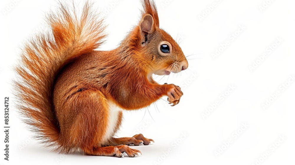A red squirrel stands on its hind legs, front paws raised from the ground A red squirrel stands on its hind legs, front paws raised from the ground