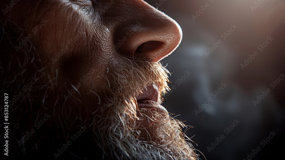 cigarette dangling from his lips, smoke curling out one side – his right nostril cigarette dangling from his lips, smoke curling out one side – his right nostril