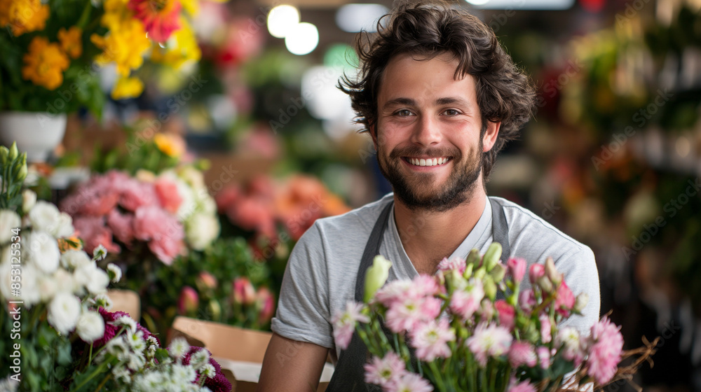 smiling florist young man in plant shop . surround by flowers and plant smiling florist young man in plant shop . surround by flowers and plant