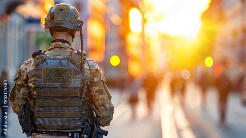 A man in a military uniform walks down the street with his back to the camera as the sun sets behind him A man in a military uniform walks down the street with his back to the camera as the sun sets behind him