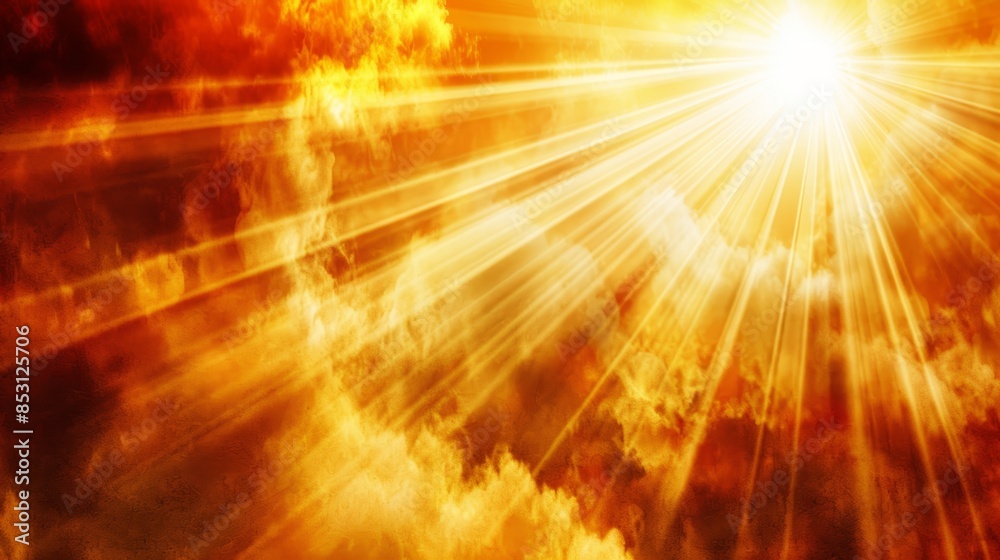 The sun shines through red and yellow clouds, its beams radiating from their center Sunbeams emanate amidst cloudy middle of the sky The sun shines through red and yellow clouds, its beams radiating from their center Sunbeams emanate amidst cloudy middle of the sky