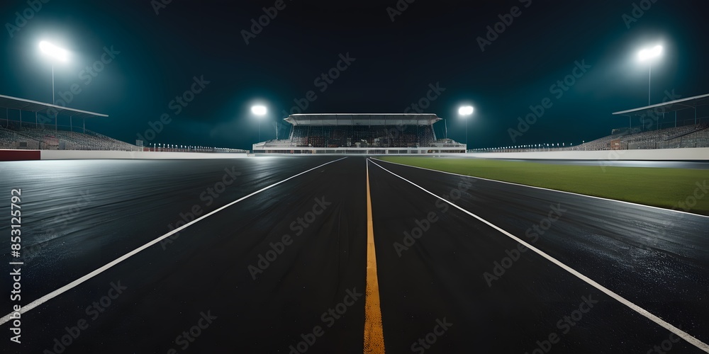 Obraz premium An empty race track with a clearly marked finish line, under bright stadium lights, creating a dramatic and anticipatory atmosphere.