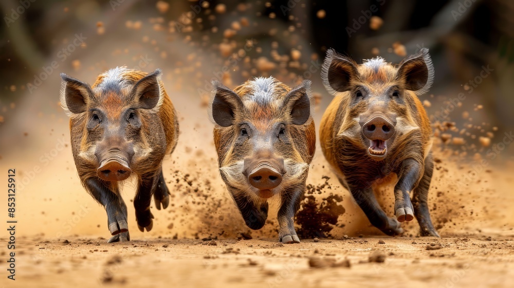 Three wild boars charge across a dirt field, heading the same way as a following group Three wild boars charge across a dirt field, heading the same way as a following group