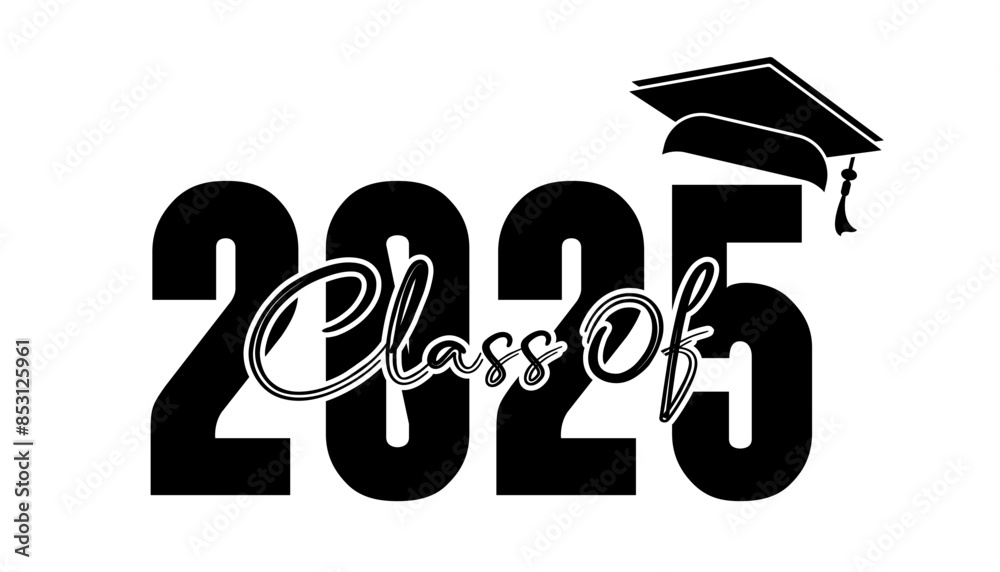 Hand drawn text illustration for class of 2025 graduation, class of 2025 badge. Stock Vector