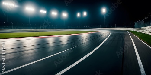 An empty race track with bright lights and a checkered finish line, awaiting the next thrilling race to begin.