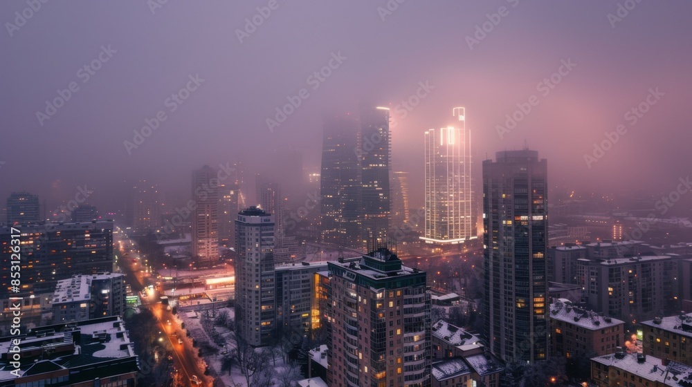 Fototapeta premium City center with skyscrapers immersed in fog. High buildings. Early morning glow.