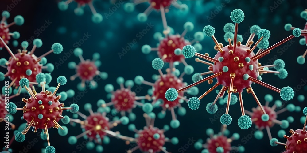 An intricate depiction of virus molecular structures in a scientific and colorful representation, emphasizing the microscopic details. An intricate depiction of virus molecular structures in a scientific and colorful representation, emphasizing the microscopic details.