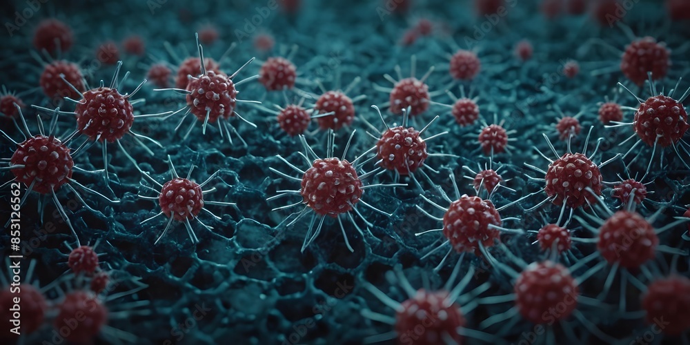 A vivid and intricate representation of virus molecules, showcasing their detailed and complex structures at a microscopic level. A vivid and intricate representation of virus molecules, showcasing their detailed and complex structures at a microscopic level.