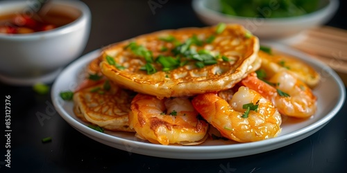 Vietnamese Banh Xeo Savory pancakes with shrimp pork a popular street food. Concept Vietnamese cuisine, Banh Xeo, Street food, Savory pancakes, Shrimp, Pork