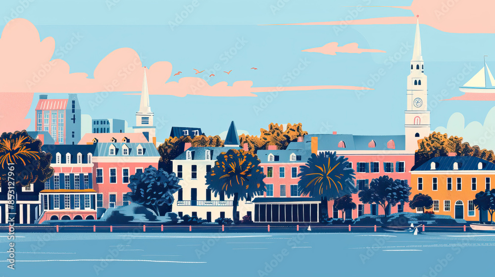 Fototapeta premium Risograph print travel poster illustration of Charleston, modern, isolated, clear, simple. Artistic, stylistic, screen printing, stencil, stencilled, digital duplication. Banner, wallpaper 