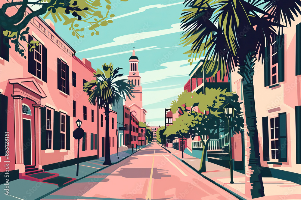 Fototapeta premium Risograph print travel poster illustration of Charleston, modern, isolated, clear, simple. Artistic, stylistic, screen printing, stencil, stencilled, digital duplication. Banner, wallpaper
