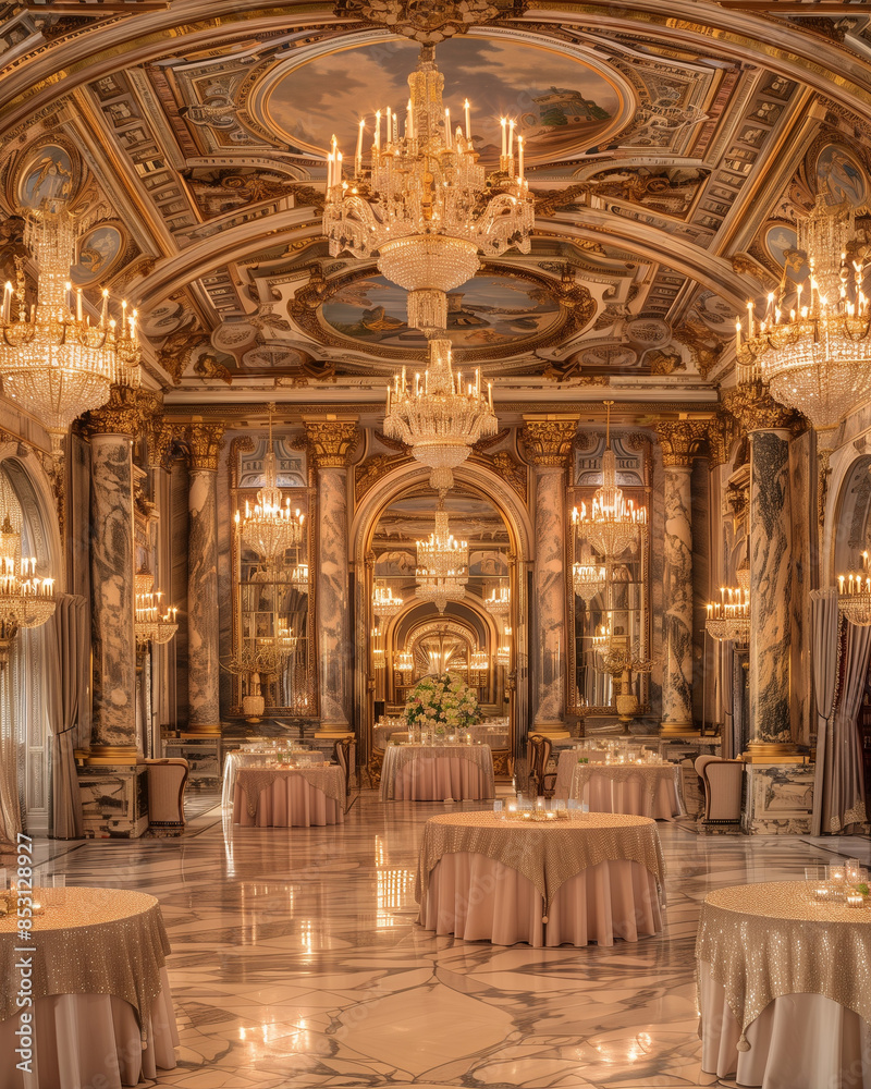 Fototapeta premium luxurious ballroom with grand chandeliers and intricate ceiling murals, opulent decor and elegant table settings, a magnificent and refined event venue