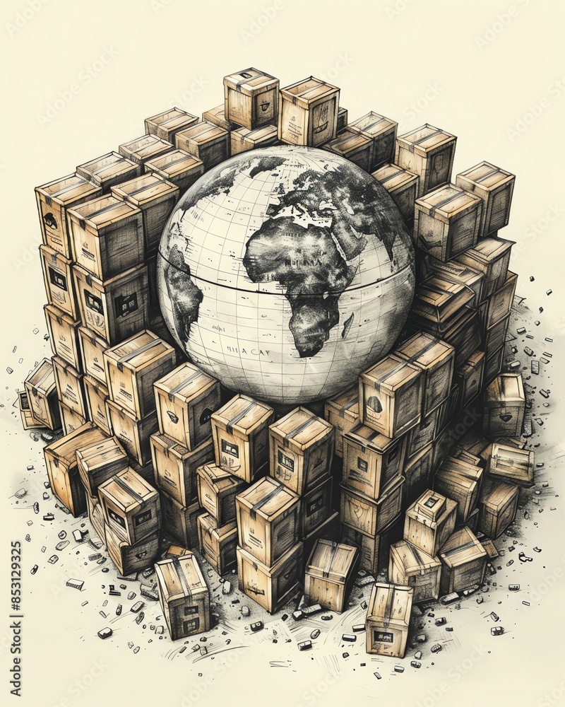 A unique depiction of the world surrounded by stacks of packages, symbolizing global logistics and the complexities of worldwide shipping. A unique depiction of the world surrounded by stacks of packages, symbolizing global logistics and the complexities of worldwide shipping.