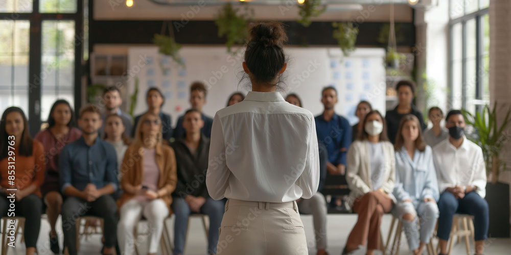 Obraz premium Meeting with team building lecture led by businesswoman, discussing leadership.