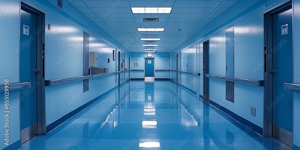 A modern hospital hallway with clean and organized interior, emphasizing medical care and hygiene. A modern hospital hallway with clean and organized interior, emphasizing medical care and hygiene.