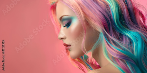 A glamorous woman with vibrant blonde streaks, showcasing beauty and style in a fashionable portrait.