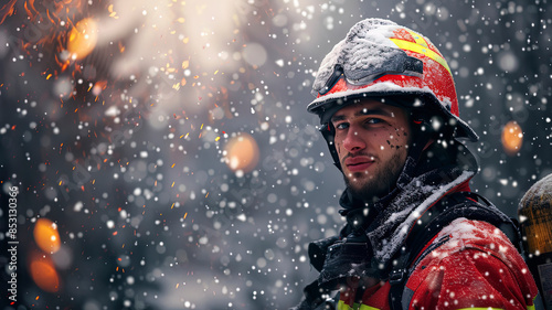 close up of a fireman on fire background, fireman at the work, portrait of a fireman © Gegham