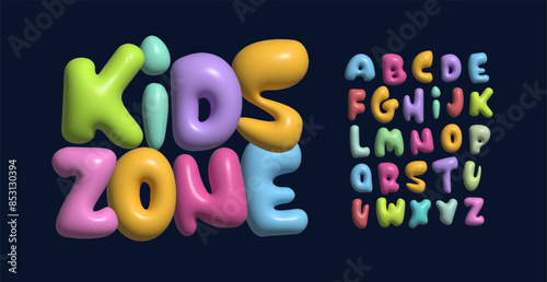 Playful plasticine 3D alphabet, colorful chewing gum letters, joyful bubble typography for kids logos, vibrant headline design, funky cartoon style, nursey birthday party typeface. Vector typeset