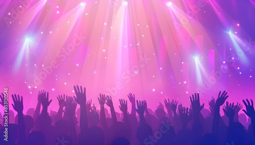 Abstract background with a crowd silhouette at a concert or party, hands up in the air and purple blue pink gradient light rays, vector illustration design template banner concept
